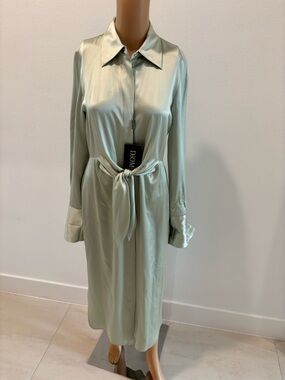 Diomi mint Satin Shirt Dress with Tie Waist